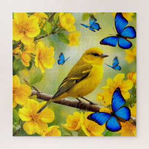 Puzzle Pájaro Cantor Amarillo Brillante Posado en una Ram