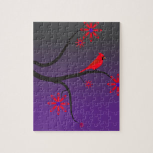 Puzzle Pájaro cardinal rojo en un árbol en fondo púrpu
