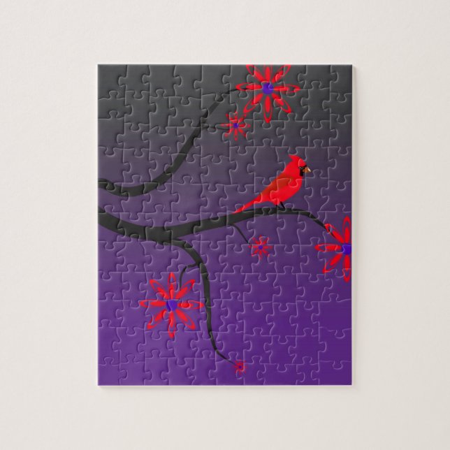 Puzzle Pájaro cardinal rojo en un árbol en fondo púrpura (Vertical)