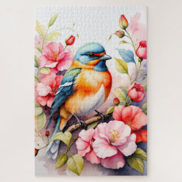 Puzzle Pájaro Colorido con Flores Rosadas Botánico