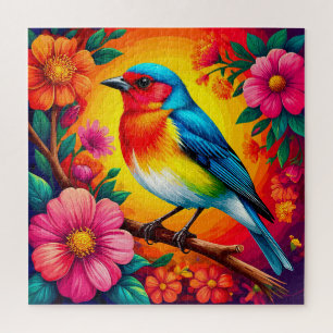 Puzzle Pájaro Colorido Posado Entre Flores Vibrantes