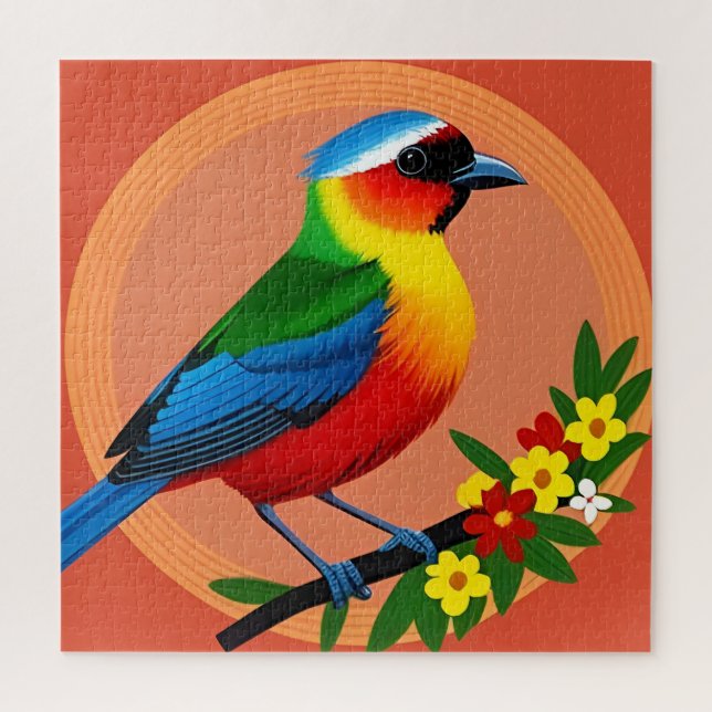 Puzzle Pájaro Colorido Posado Entre Flores Vibrantes (Vertical)