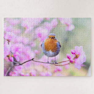 Puzzle Pájaro de primavera con flores rosas