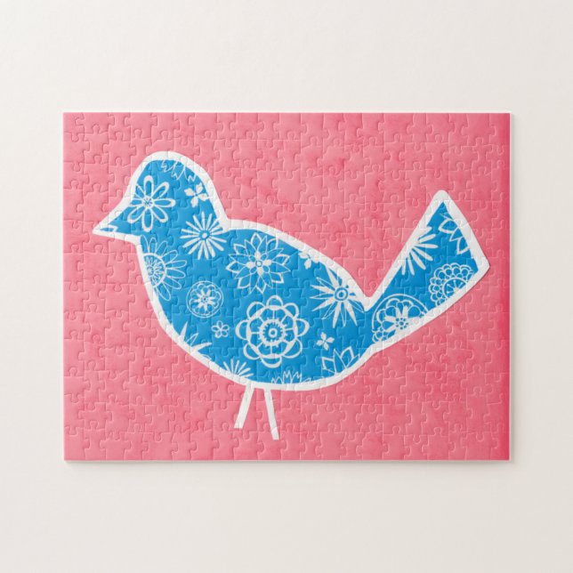 Puzzle Pájaro decorativo con patrones en fondo rosado (Horizontal)
