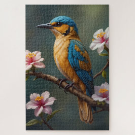 Puzzle Pájaro Dorado Azul con Flores Blancas