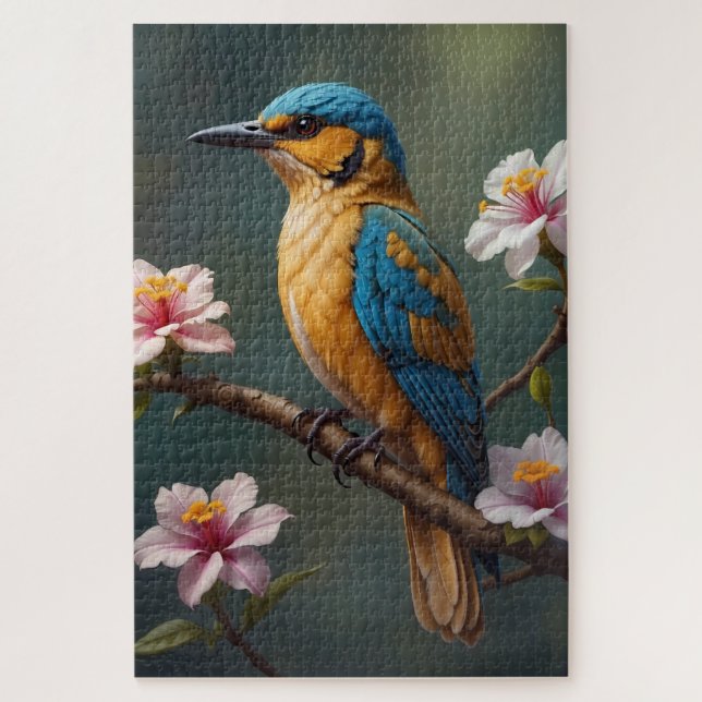 Puzzle Pájaro Dorado Azul con Flores Blancas (Vertical)