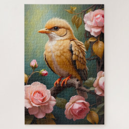 Puzzle Pájaro Dorado con Rosas Rosadas Botánico