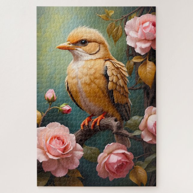 Puzzle Pájaro Dorado con Rosas Rosadas Botánico (Vertical)