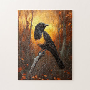 Puzzle Pájaro encaramado en una rama en el bosque otoñal