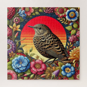 Puzzle Pájaro entre flores coloridas