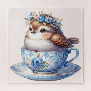Puzzle Pájaro Lindo en Arte Cottagecore de Taza de Té Flo