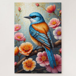 Puzzle Pájaro Naranja Azul con Flores de Jardín