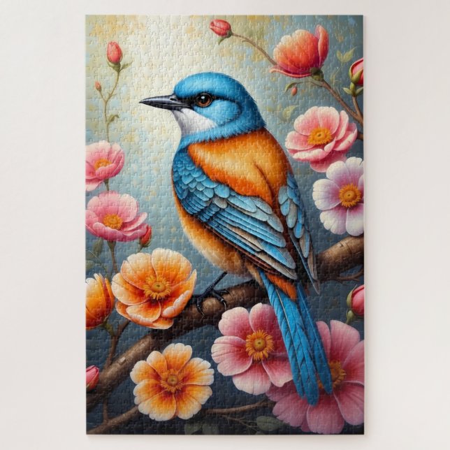 Puzzle Pájaro Naranja Azul con Flores de Jardín (Vertical)