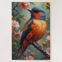 Puzzle Pájaro Naranja Azul con Flores Rosadas