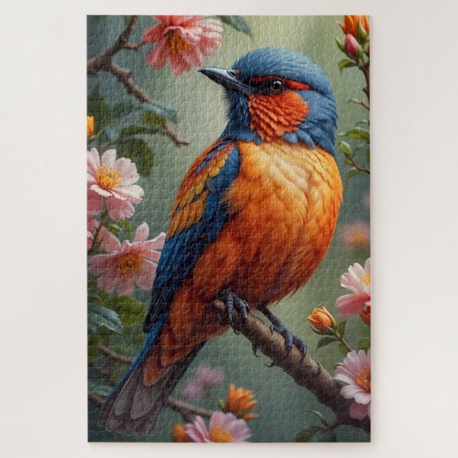 Puzzle Pájaro Naranja Azul con Flores Rosadas (Vertical)