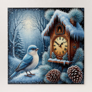 Puzzle Pájaro, piñas y reloj de madera