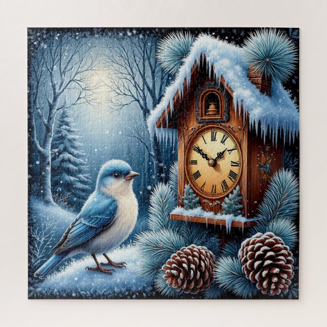 Puzzle Pájaro, piñas y reloj de madera (Vertical)
