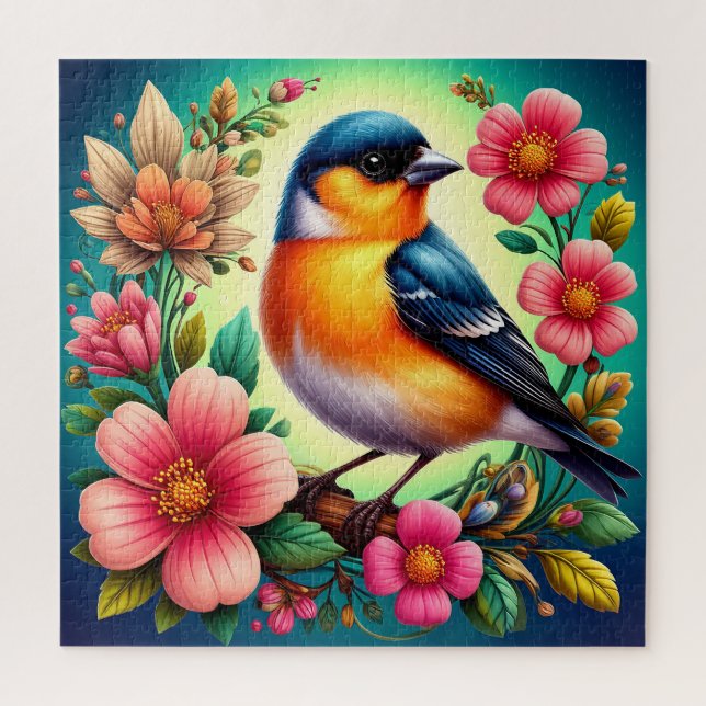 Puzzle Pájaro Posado Entre Flores Coloridas (Vertical)