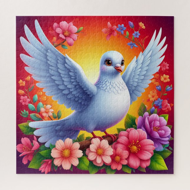 Puzzle Pájaro Posado Entre Flores Coloridas (Vertical)