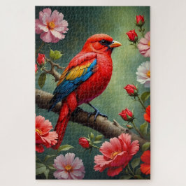 Puzzle Pájaro Rojo con Flores de Jardín Botánico