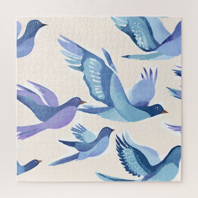 Puzzle Pájaros Azules Volando | Acuarela Moderna (Vertical)