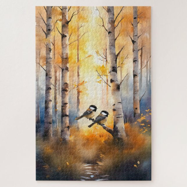 Puzzle Pájaros Cantores Carboneros en un Bosque de Otoño (Vertical)