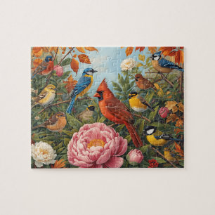 Puzzle Pájaros Cantores Vibrantes Flores de Otoño