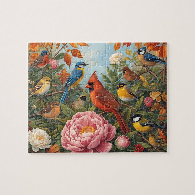 Puzzle Pájaros Cantores Vibrantes Flores de Otoño (Horizontal)