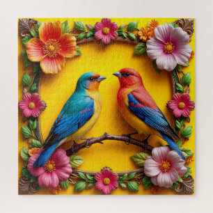 Puzzle Pájaros Cantores Vibrantes Rodeados de Marco Flora