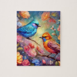 Puzzle Pájaros coloridos en la rama Pájaro azul rosa 99