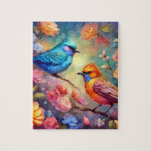 Puzzle Pájaros coloridos en la rama Pájaro azul rosa 99