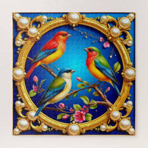 Puzzle Pájaros Coloridos en Marco Dorado Ornate