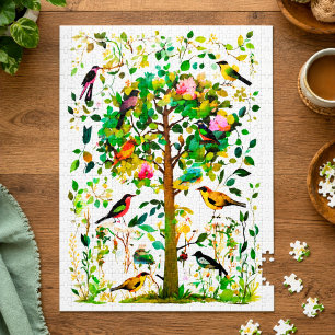 Puzzle Pájaros Coloridos en un Árbol Florido