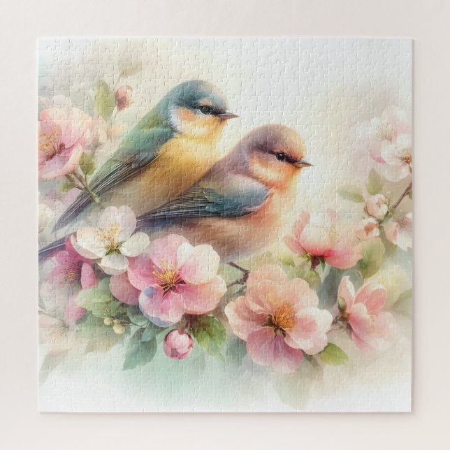 Puzzle Pájaros de amor dulces flores pastel de primavera (Vertical)
