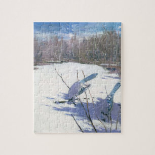 Puzzle Pájaros de Jay azules en un paisaje invernal