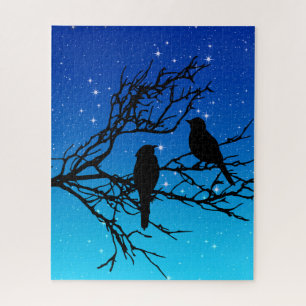 Puzzle Pájaros en una rama, negros contra el cielo noctur