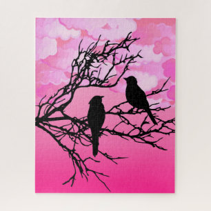 Puzzle Pájaros en una rama, negros contra el rosa del alb
