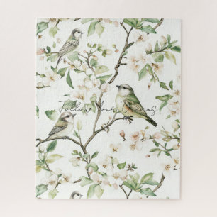 Puzzle Pájaros Verdes Flores Blancas Árbol