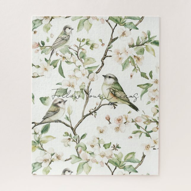Puzzle Pájaros Verdes Flores Blancas Árbol (Vertical)