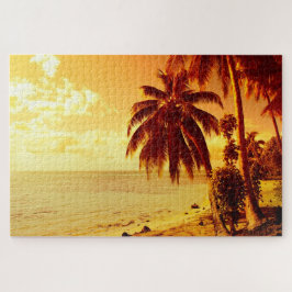 Puzzle Palmeras tropicales en una playa en la puesta del