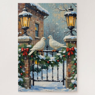 Puzzle Palomas de Invierno Vintage en la Puerta Iluminada