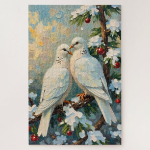 Puzzle Palomas vintage de Navidad en rama de abeto nevada