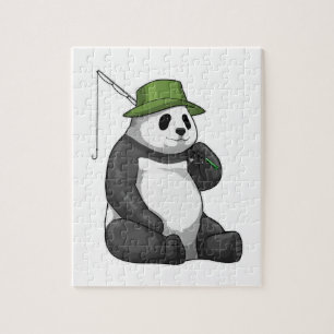 Puzzle Panda en la pesca con barra de pesca