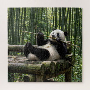 Puzzle Panda en una plataforma de troncos