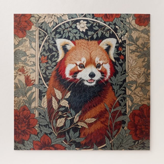 Puzzle Panda Rojo Elegante William Morris Inspirado Flora (Vertical)