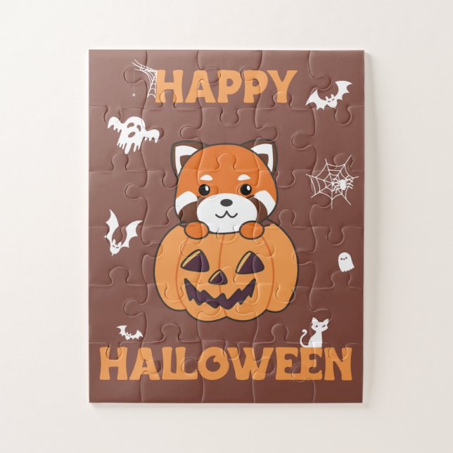 Puzzle Panda Rojo En Calabaza Cute Pandas Feliz Halloween (Vertical)