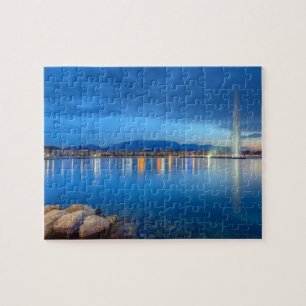 Puzzle Panorama de Ginebra con la fuente famosa, Suiza,