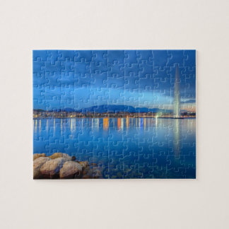 Puzzle Panorama de Ginebra con la fuente famosa, Suiza,