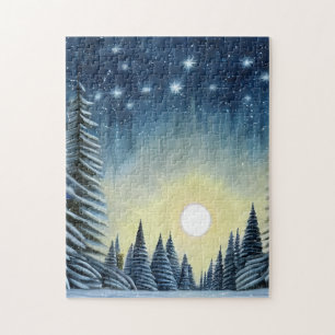 Puzzle Panorama De Nieve Evergreen Bajo Las Estrellas Noc