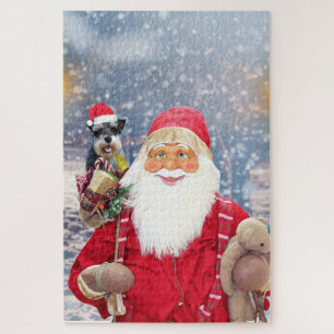 Puzzle Papá Noel con perro Schnauzer miniatura en Navidad